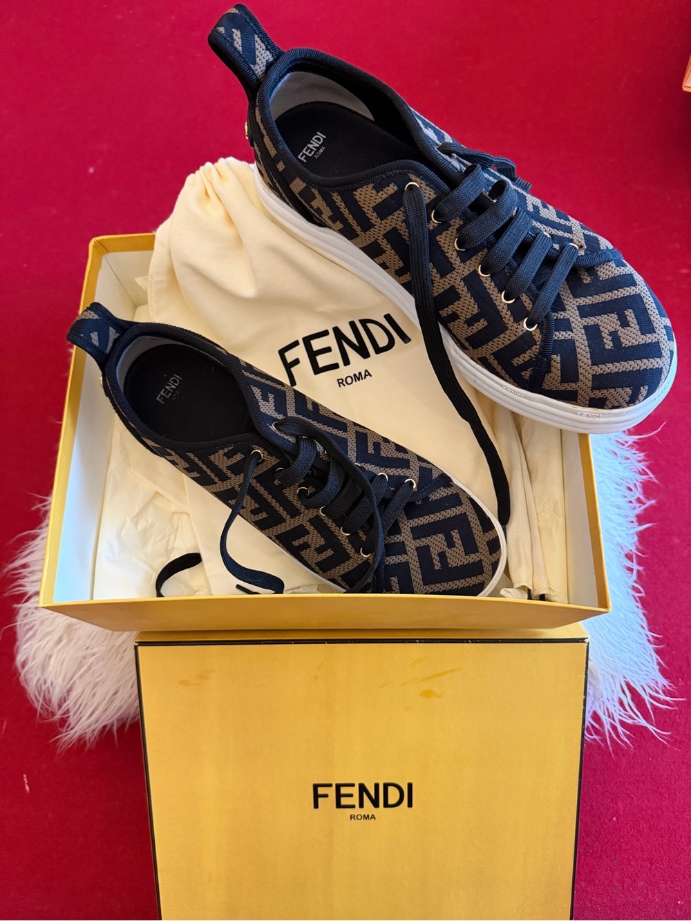 Fendi Brown & Navy FF Logo Low-Top Sneakers